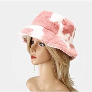 Pink‎ Cow Print Bucket Hat Fuzzy Plush Fluffy Winter Warm Cosplay Cute